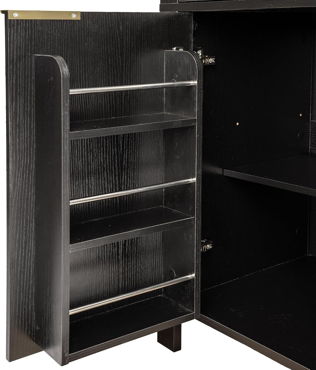 ZeHuoGe Fluted Tall Arched Pantry Cabinet with Adjustable Shelves, Elegant Display Storage with Hidden Drawer & Glass Door for Kitchen, Living Room, Dining Room (Black)