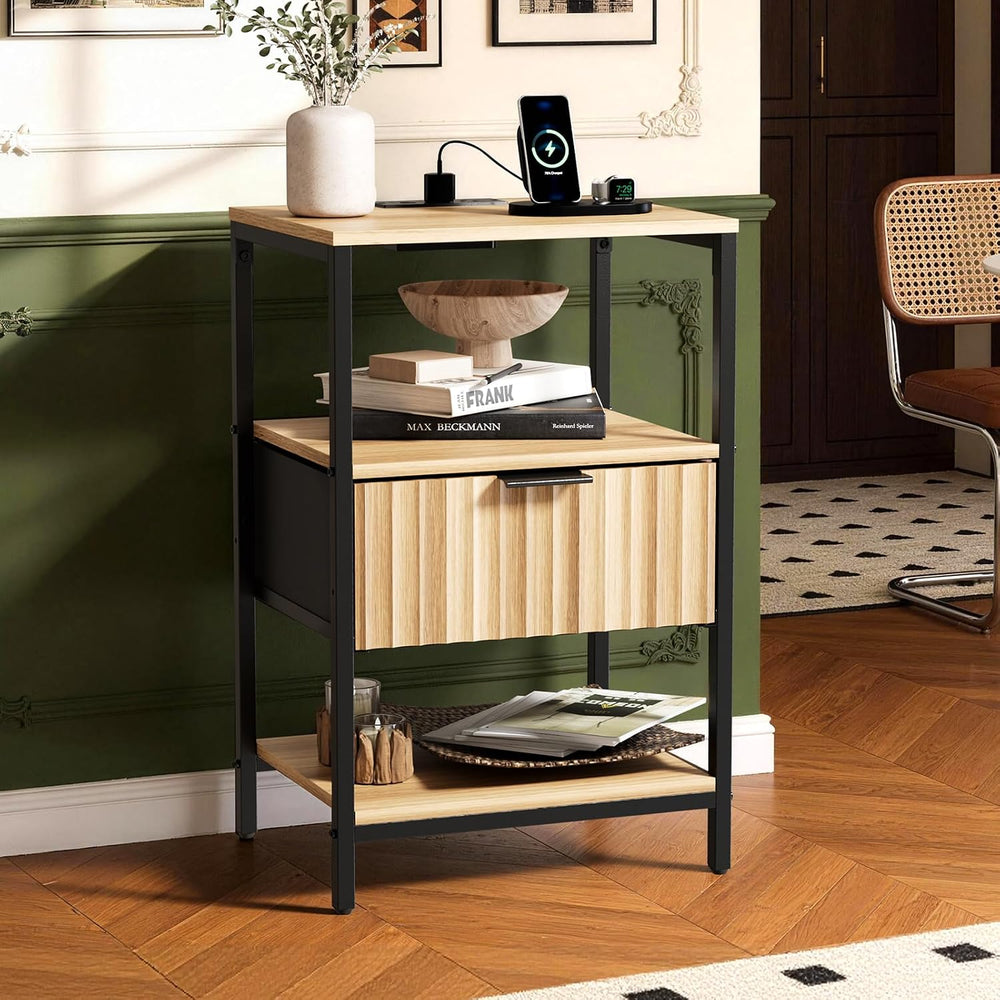 Bonnlo Fluted Nightstand Set of 2, End Table with Fabric Drawer with Charging...