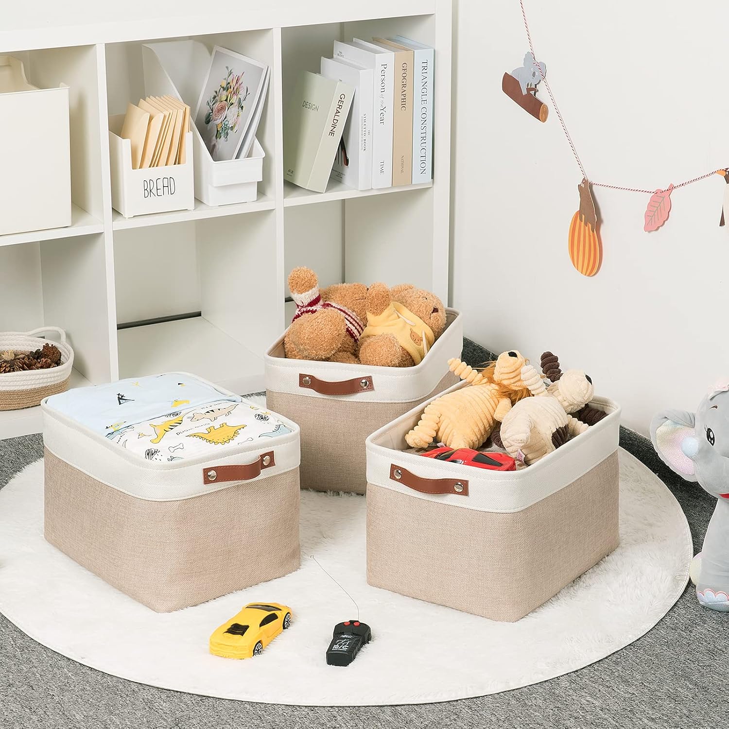 HNZIGE Fabric Storage Baskets for Shelves, Large Collapsible Storage Baskets for Organizing, Decorative Baskets Bins Set with Handles for Closet, Clothes,Home (3 Pack, White&Khaki,15" x 11" x 9.5")