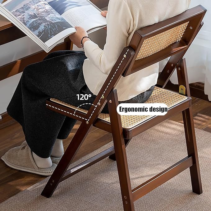 KISKIS Wooden Rattan Folding Chairs Portable Save Space Kitchen Dining Chair for Balcony Living Room, with Mesh Elastic Seat and Curved Back, 400LBS,1 Pack