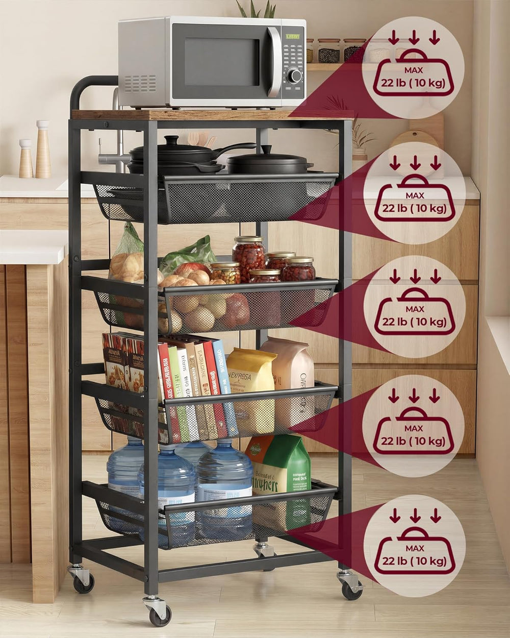 VASAGLE Storage Rolling Cart with Pull-Out Baskets, 5-Tier Utility Cart Orgni...