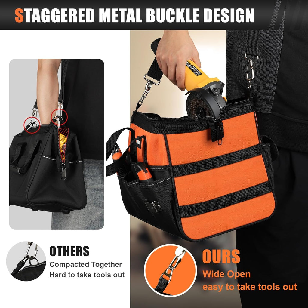 Heavy Duty Tool Bag 18-Inch, 16-Pocket Portable Soft Tool Box Organizer Storage, Handle Tactical Carry Tote Empty Toolbox with Large Zipper, Father Day Dad Men Gift for Mechanic Engineer, Orange