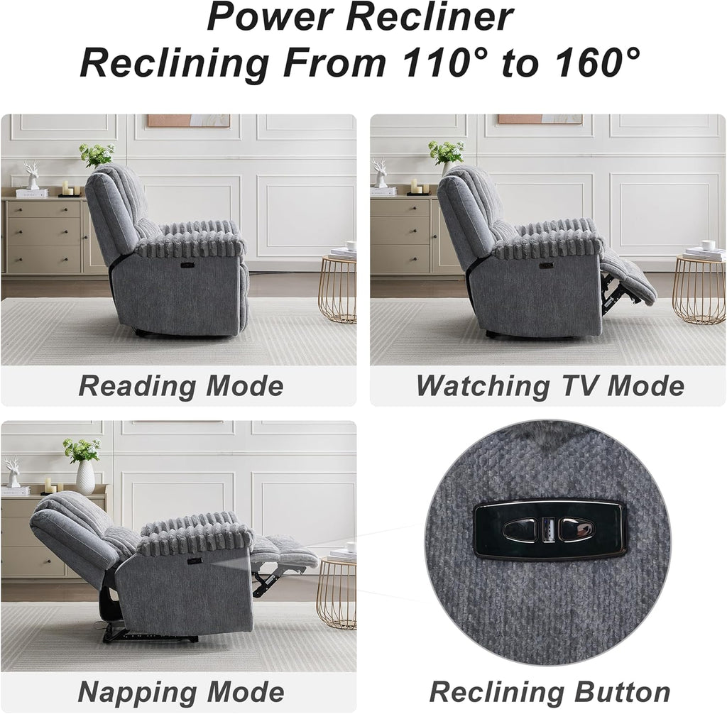 Oversized Power Recliner Zero Gravity with USB Port for Big Man Faux Fur Electric Extra Large Reclining Chairs for Living Room Soft Lumbar Support,26" Seat Width Grey