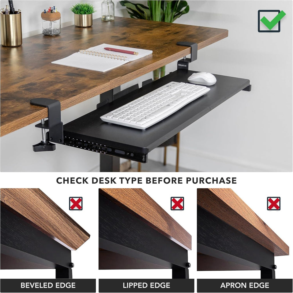 Mount-It! 30” Extra-Wide Clamp-On Under Desk Keyboard Tray, Large Slide-Out Keyboard Drawer for Desk, Ergonomic Pull-Out Platform with Smooth Gliding Tracks, No-Drill C-Clamp Mount