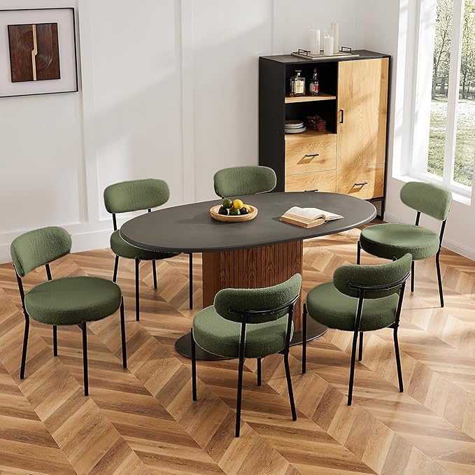 DUMOS Dining Chairs Set of 6, Mid Century Modern Chair Round Upholstered Curved Backrest, Kitchen Vanity Living Room Chairs with Black Metal Legs, Green