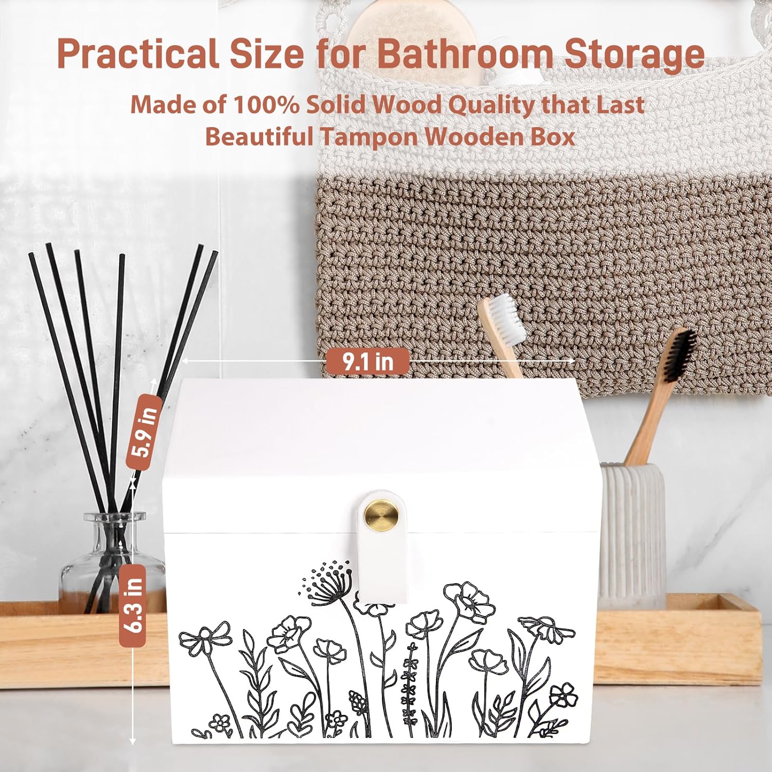 100% Solid Wood Tampon Holder Box with Lid, Copper Leather Pull, Absolute Real Wood Bathroom Decorative Box for Feminine Product Storage and Accessories such as Tampons, Cotton Balls, Gifts for Women
