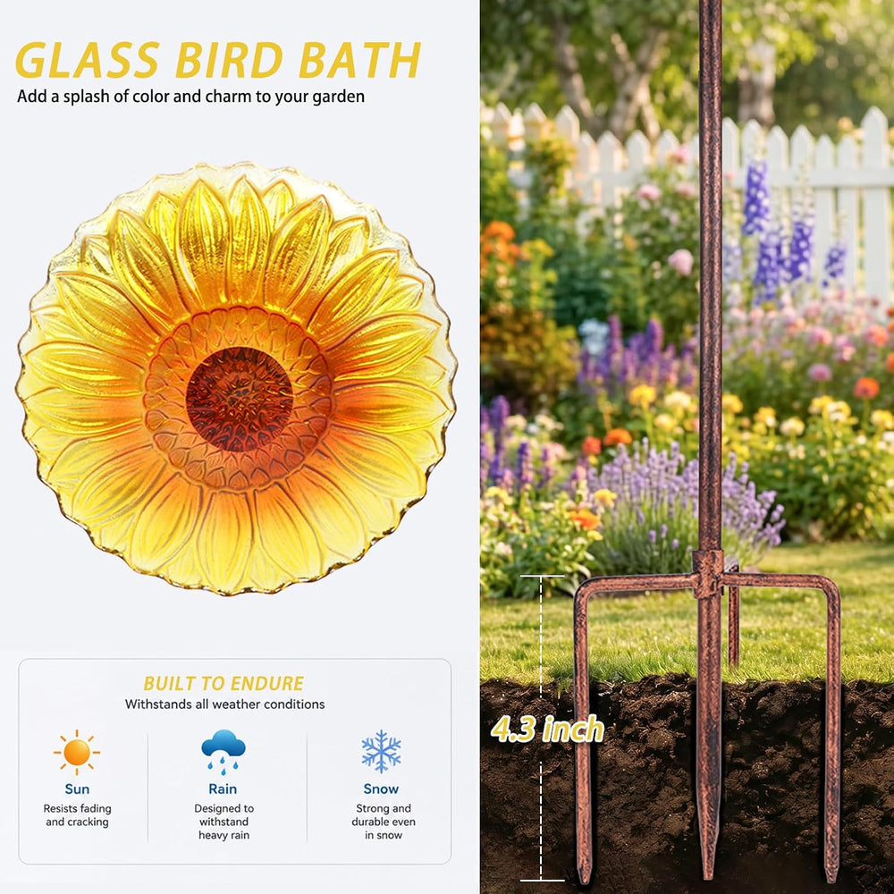MUMTOP Glass Bird Bath, Garden Outdoor Birdfeeder with Metal Stake, Yellow