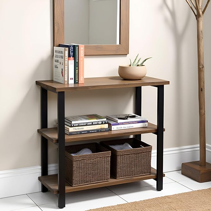 Pomona 3-Tier Bookcase with 2 Lower Shelves – 30" Tall Rustic Industrial Under-Window Bookshelf with Solid Wood and Metal Frame for Living Room, Bedroom, or Home Office by Alaterre Furniture