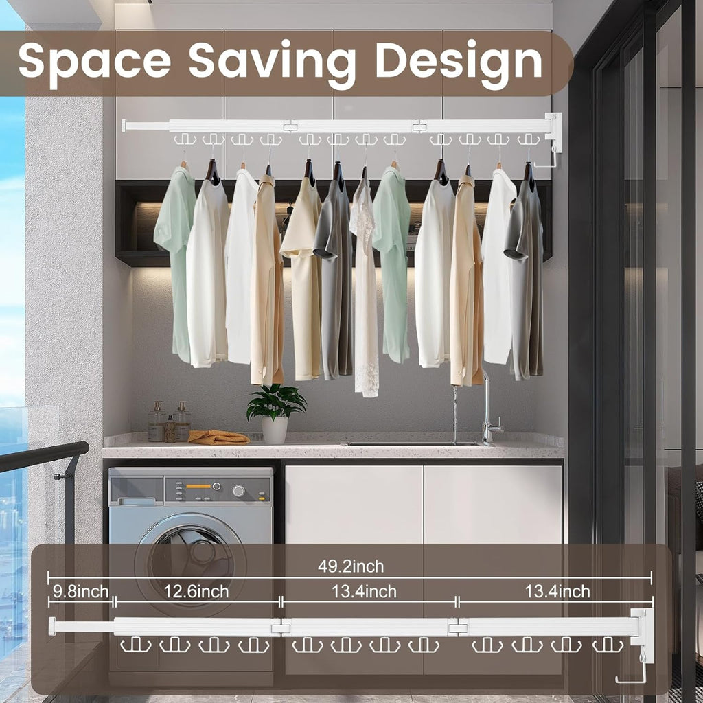 Clothes Drying Rack Wall Mounted, Retractable Drying Racks for Laundry, Foldable Drying Rack With 12 Hooks, Sturdy Tri-Fold Wall Mounted Space Saver for Laundry Room Balcony Bathroom - 49.8", White