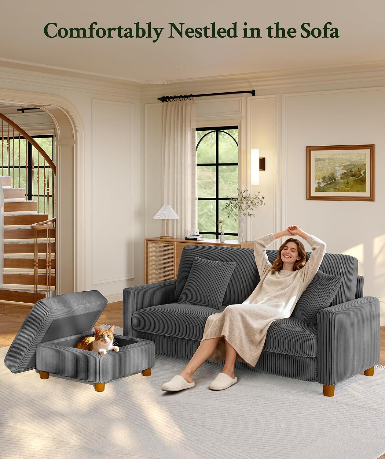 Welzona 70.2" Couches for Living Room, Comfy L Shaped Couch Grey 7.1" Thicker Cushion, Sofas for Living Room Tool-Free Setup, Loveseat with Ottoman 705lbs Support, Corduroy Couch for Bedroom, Office