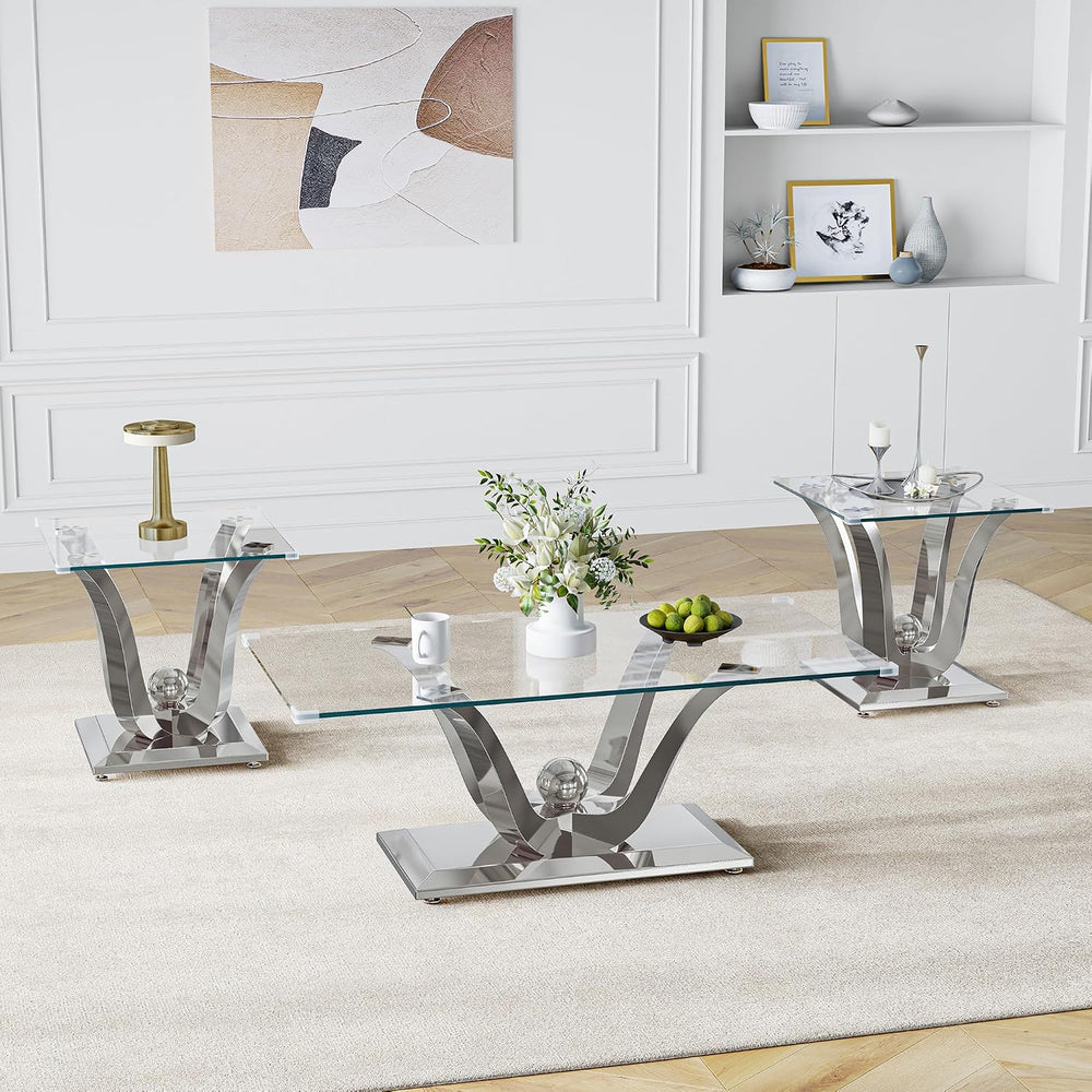 Rectangular Glass Coffee Table Set of 3- Modern Center and 2 End Tables, Clea...
