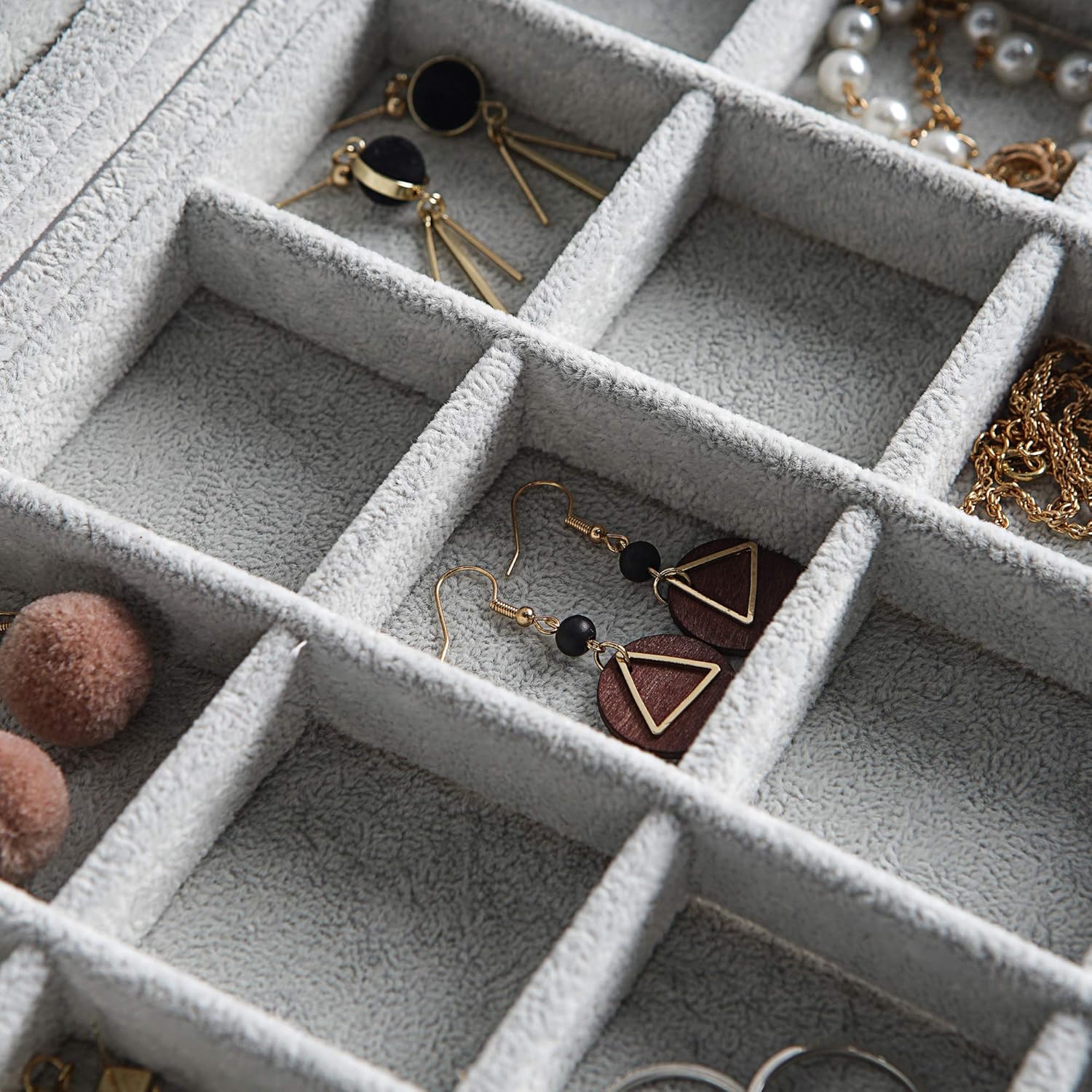 Frebeauty 24 Grid Earring Holder Organizer Tray, Jewelry Organizers and Storage for Drawer,Velvet Jewelry Display Storage for Earrings,Rings,Studs,10.5 x 6.5 x 1.2 Inches Gift for Women (Grey)