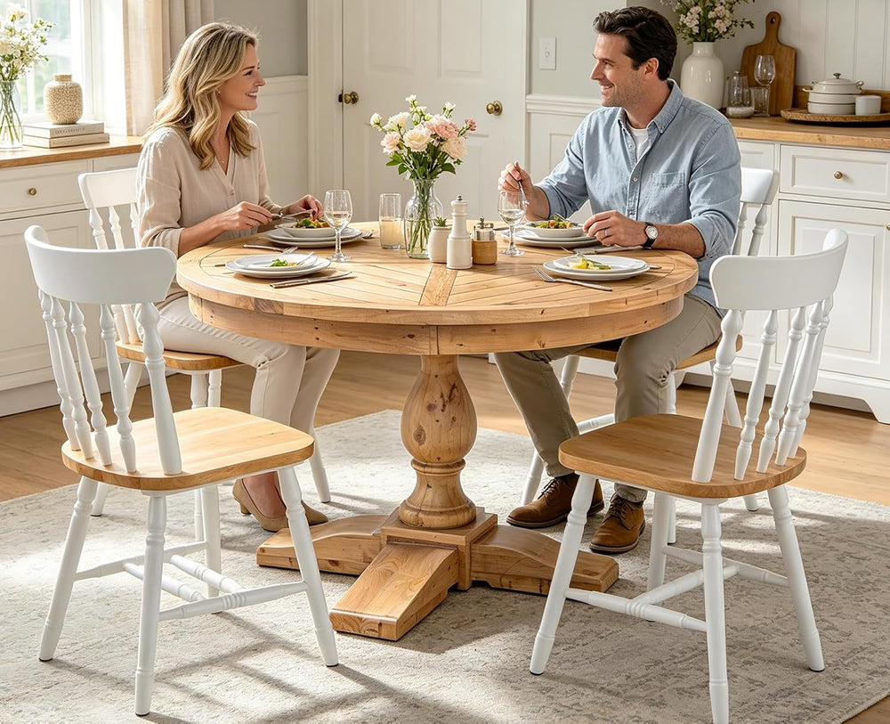 47" Round Dining Table with Wooden Pedestal Base, Reclaimed Pine Wood Di...