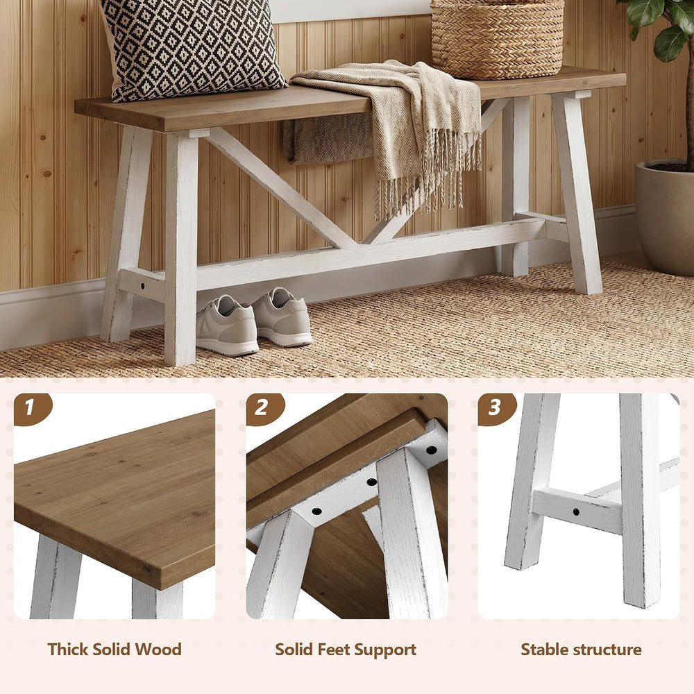 Wnutrees 43" Farmhouse Solid Wood Bench, Narrow Long Seat, White | Entry...