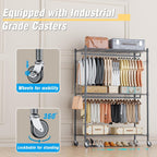 Homdox Heavy Duty Rolling Clothing Rack, Adjustable Garment Rack with 3 Tier Storage Shelves, Freestanding Closet Wardrobe for Hanging Clothes with Side Hooks, Gray