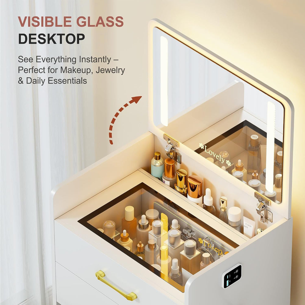 3 in 1 Vanity with Mirror and Sensor Lights,Charging Station,Pure White | Gla...