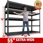 REIBII 78" H Storage Shelves, Garage Shelving Heavy Duty Load 3000LBS, Adjustable Garage Shelving, 5 Tier Metal Shelves Unit for Storage Rack, Basement, 55" W x 26" D x 78" H, Black, 4 Pack