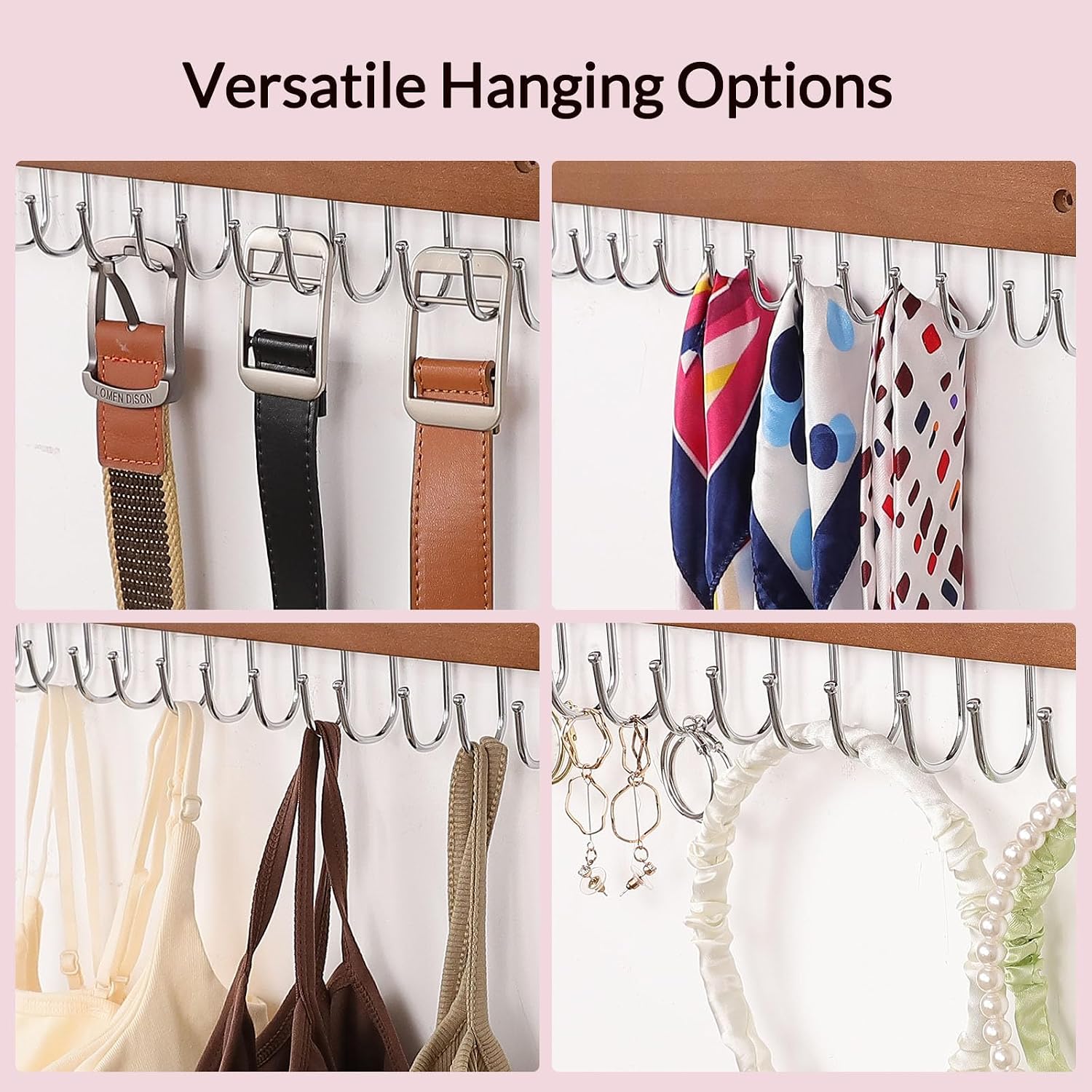 SCUNDA Hanging Jewerly Organizer for Wall, Wall Mounted Necklace Holder, Wood Wall Mount Jewerly Organizer for Earrings Bar, Hanging Rings, Necklaces and Bracelet, Nice Gift for Woman (2pack,Brown)
