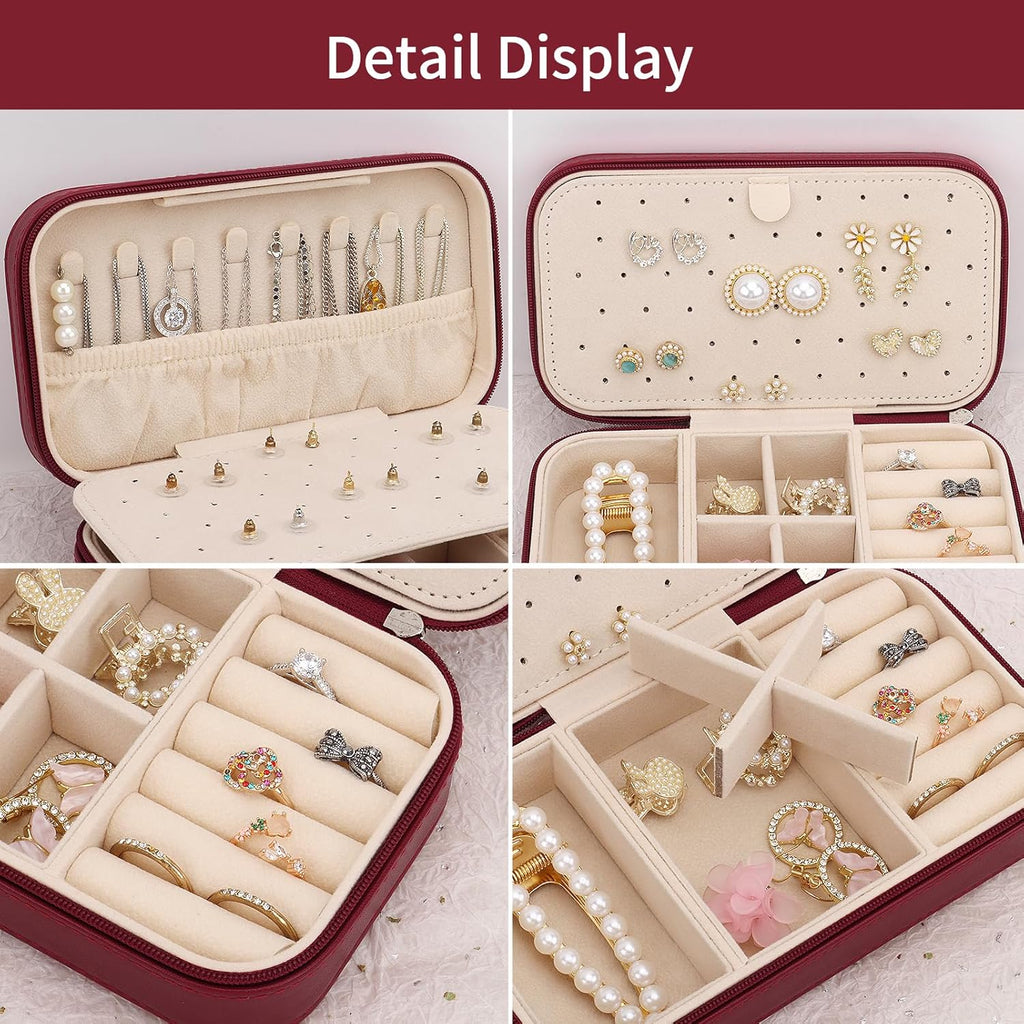 DesignSter Travel Jewelry Box, PU Leather Portable Jewelry Case, Small Jewelry Boxes for Gifts, Travel Jewelry Organizer for Women Rings Earrings Necklaces Bracelets (Wine Red)