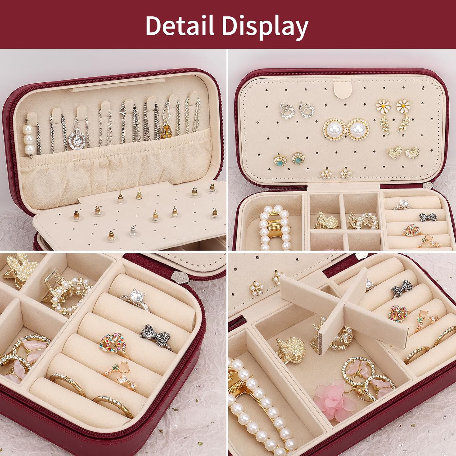DesignSter Travel Jewelry Box, PU Leather Portable Jewelry Case, Small Jewelry Boxes for Gifts, Travel Jewelry Organizer for Women Rings Earrings Necklaces Bracelets (Wine Red)