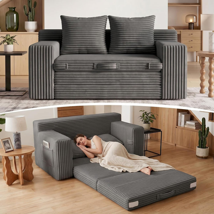 Boneless Loveseat Sofa Bed, Tri-Folding Convertible Futon Sleeper with Handle & Side Pockets, 54'' Boneless Couch with Hook and Loop No Assembly for Small Space,Living Room & Bedroom