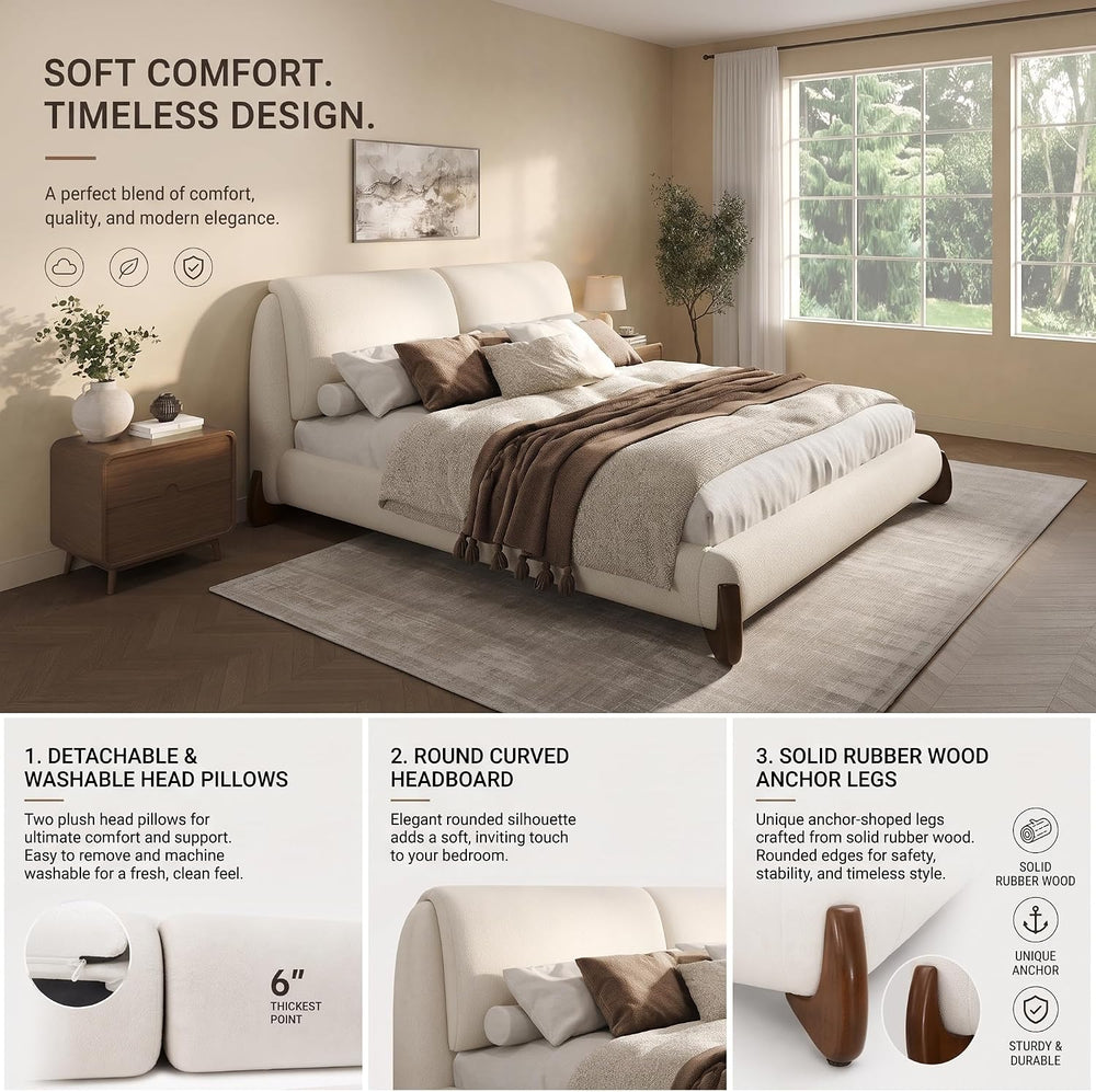 Merax King Chenille Platform Bed with 2 Removable Headboard Pillows, Beige