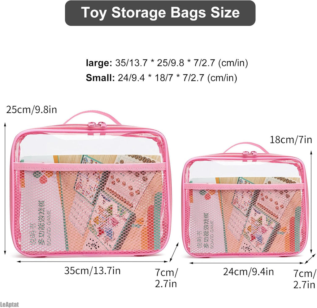 4 Pack Clear PVC Waterproof Toy Storage Bags with Name Tag Pockets - Zippered Organizer for 2x4 Building Blocks, Puzzles, Travel Toiletries, Kids Room Organization, With Name Tag Pocket (Pink, Large)