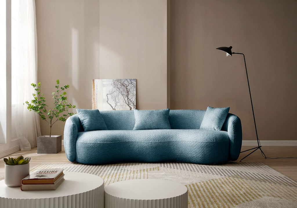 Curved Sofa, 93.6'', 4 Seater, Boucle, Modern, Blue, for Reception Place | 93.6'' Modern Boucle Curved Sofa for Living Room, Luxury Modern Comfy Curved Couch for Apartment, Reception Place