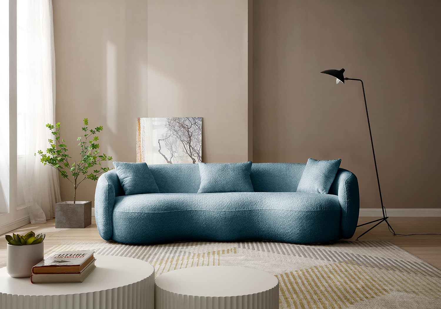 Curved Sofa, 93.6'', 4 Seater, Boucle, Modern, Blue, for Reception Place | 93.6'' Modern Boucle Curved Sofa for Living Room, Luxury Modern Comfy Curved Couch for Apartment, Reception Place