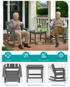 SERWALL 3-Piece Patio Furniture Set with 2 Rocking Chairs & Table, Grey | All-Weather HDPE Bistro Set: Includes rocking chairs and table with umbrella hole for cozy outdoor leisure and relaxation.