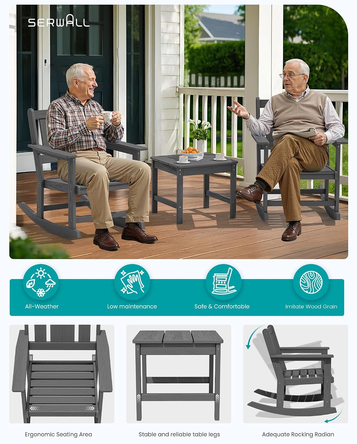 SERWALL 3-Piece Patio Furniture Set with 2 Rocking Chairs & Table, Grey | All-Weather HDPE Bistro Set: Includes rocking chairs and table with umbrella hole for cozy outdoor leisure and relaxation.