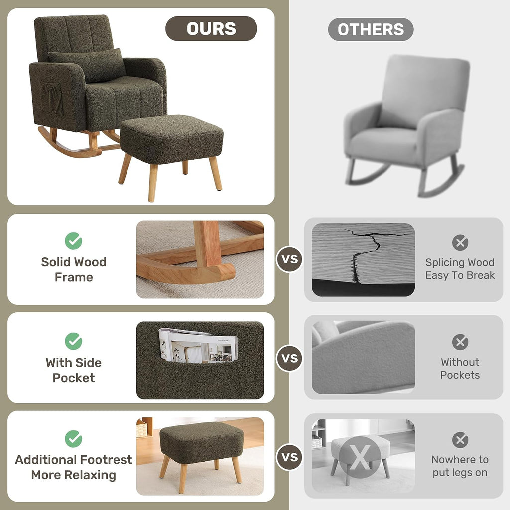HCHAIRH Rocking Chair with Ottoman, Nursery Glider Rocker with High Backrest and Side Pocket, Teddy Rocking Accent Armchair with Solid Wood Legs for Nursery, Living Room, Bedroom Green