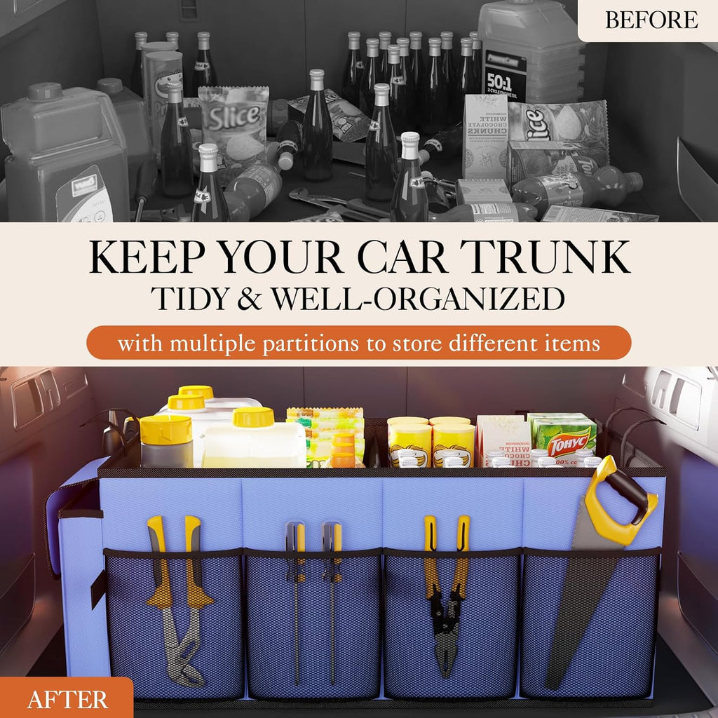 HOTOR Large-Capacity Trunk Organizer - Foldable for SUVs & Sedans, Sturdy Organization for Car Accessories, Tools, Sundries, Blue, 2 Compartments, US11032