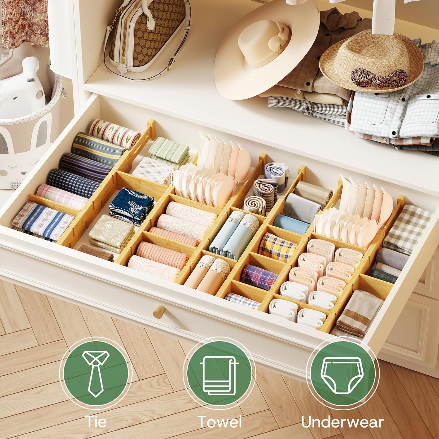 kiplant Bamboo Drawer Dividers - Adjustable Drawer Dividers for Kitchen, Clothes, Closet & Office - 6 Pack with Inserts, 18-22.6 Inches, Non-Slip Silicone Ends