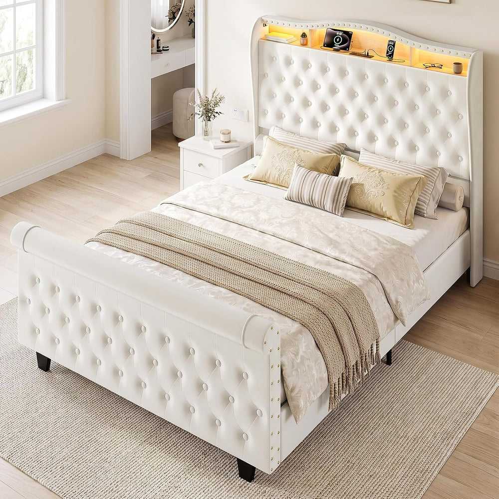 Upholstered Queen Size Bed Frame with LED Lights & Charging Station, Velv...
