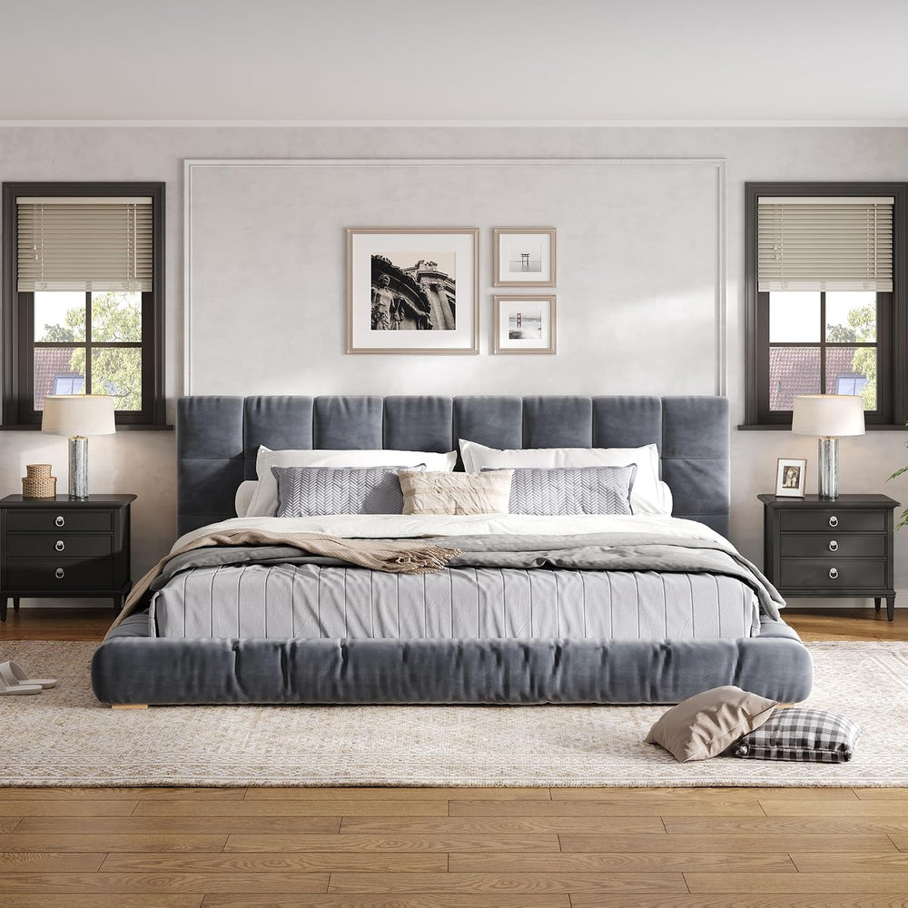 JIVOIT King Size Upholstered Platform Bed, Velvet Headboard Bed Base, Wood Sl...
