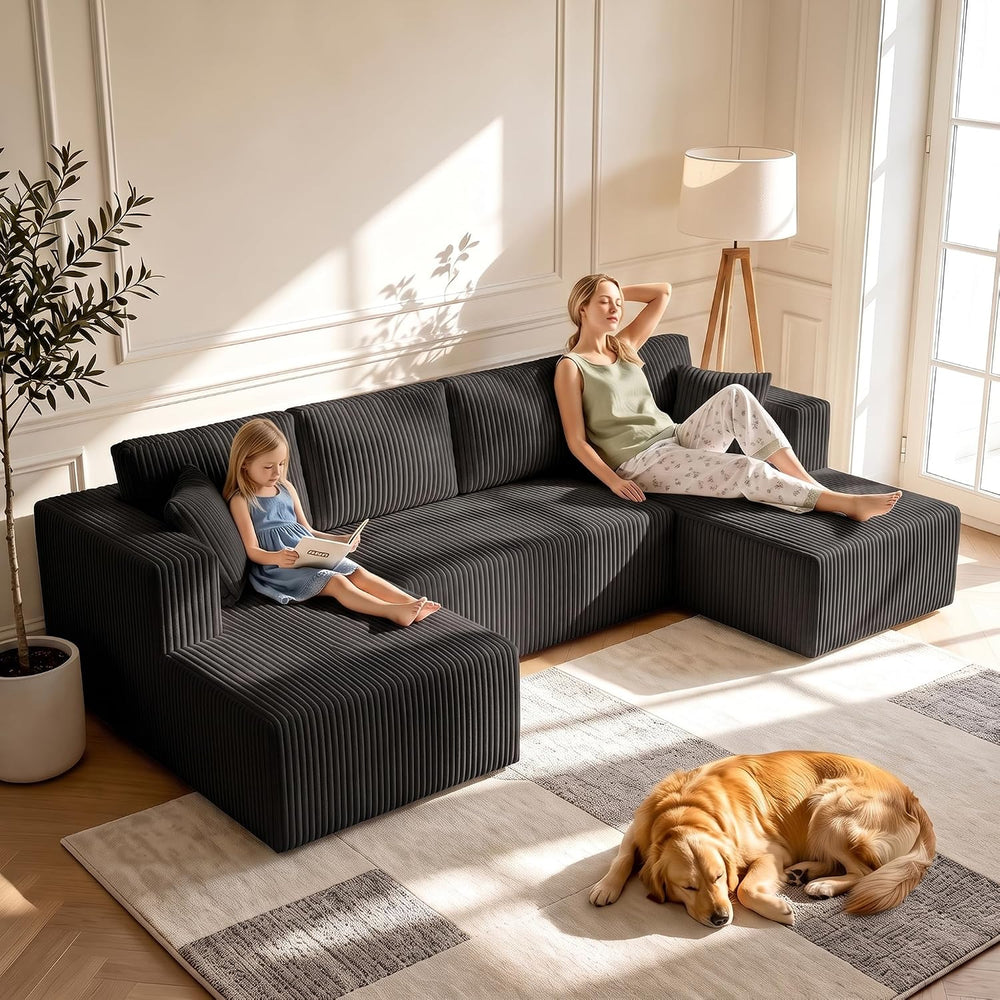 130" Couch U-Shaped Sectional Sofa, Black | Corduroy Cloud Couch with Do...
