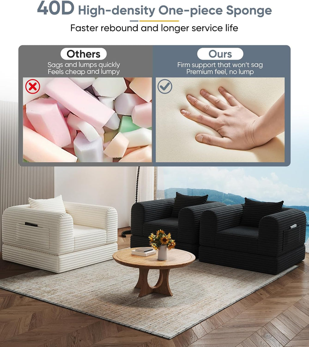 Versatile 2 in 1 Boneless Armchair Chaise Lounge Chair Indoor, Convertible Sleeper Chairs Couch Folding Sofa Bed Oversized Comfy Futon Floor Sofa BeanBag for Reading Nook Living Room Bedroom