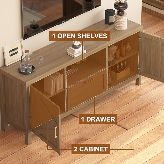 Farmhouse TV Stand for TVs Up to 65 Inch, Entertainment Center with Door, Media Console Cabinet,TV Console Cabinet with Storage & Adjustable Shelf for Living Room/Bedroom