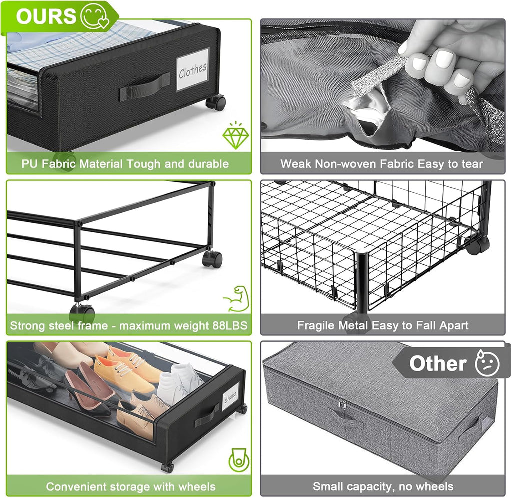 Under Bed Storage with Wheels, 2-Pack Under the Bed Storage Containers with Clear Lids & Label, Underbed Storage Bins, XXL 60L Rolling Metal Drawer for Clothes, Shoes, Toys, Books - Black