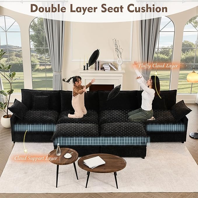 142.5" U Shaped Couch, Modular Sectional Sofa, 3-Seater Comfy Cloud Couch, Set of Modular Pieces with Movable Ottoman, Deep Seat Couches for Living Room, Chenille, Black