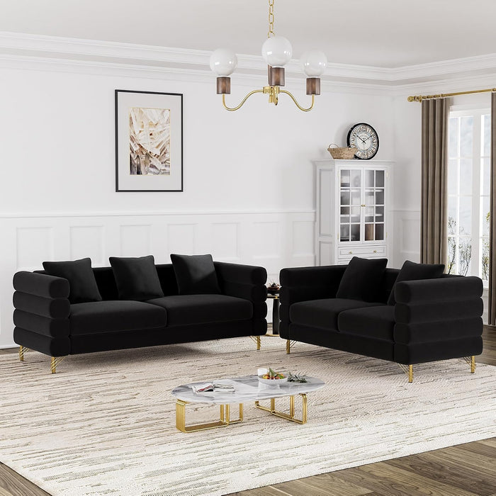 OUYESSIR Living Room Sofa Couch and Loveseat Set, Modern Comfy Velvet Deep Seat Cloud Couch with 5 Pillows, Oversized Sofa Furniture Sets for Living Room Bedroom, Jet Black Velvet