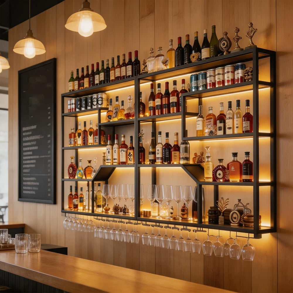 78.7IN Wall Wine Rack with LED, Industrial Iron & Walnut | Iron & wal...