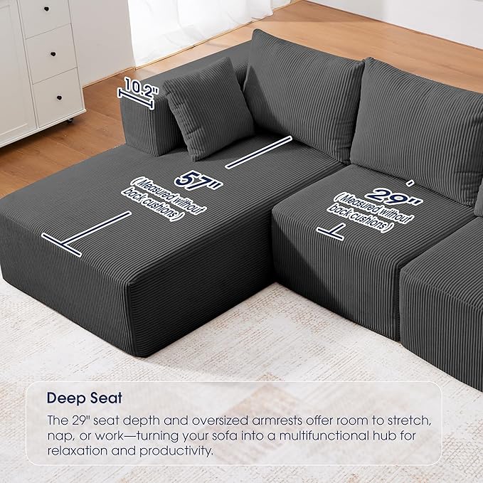 KINGYES Boneless Chaise Lounge Chair for Modular Sectional Sofa, L Shape Corduroy Upholstered Chaise Lounge for Living Room, Gray