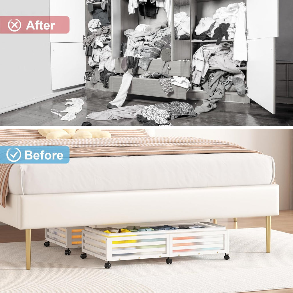 Under Bed Storage with Wheels-Large Bamboo Underbed storage Containers with Large Dust Bag Stackable Under the Bed Shoe Storage Bins for Clothes Books Bedding (2 Packs White, 33.07"L×16.54"W× 6.5"H)