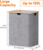 Lifewit 120L Large Laundry Hamper with Lid, Foldable 2 Section Laundry Basket with Bamboo Handles and Removable Bags for Laundry Room, Bathroom, Bedroom, Light Gray