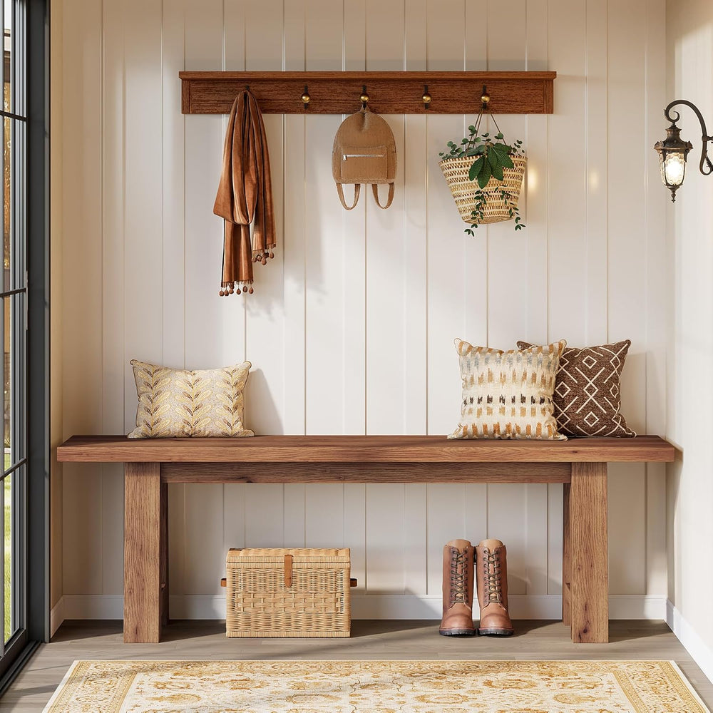 55" Solid Wood Entryway Bench, Farmhouse Long Wood Bench Dining Seat for...