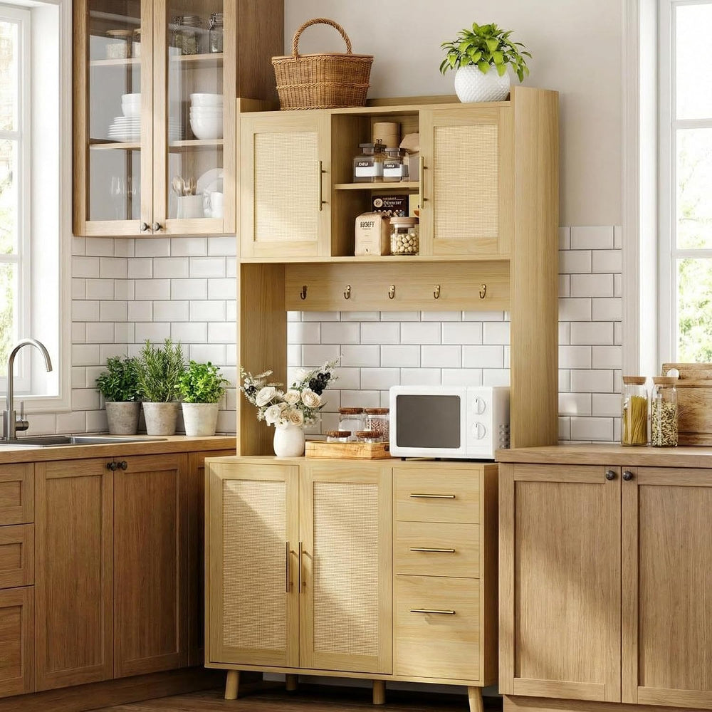 71" Tall Rattan Door Kitchen Pantry Cabinet, Freestanding Storage Hutch ...