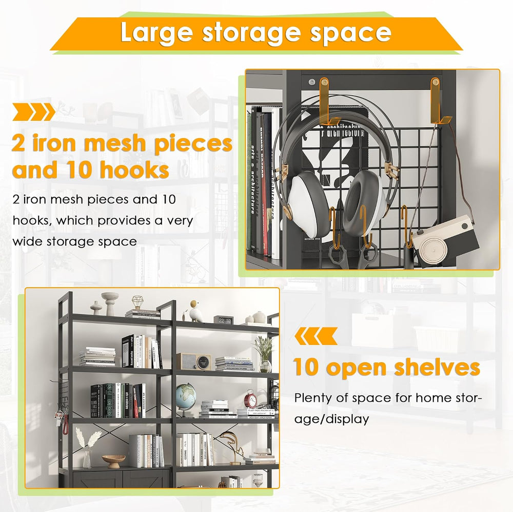 6-tire Farmhouse Black Corner Book Shelf with 2 Barn Doors and 10 Storage She...