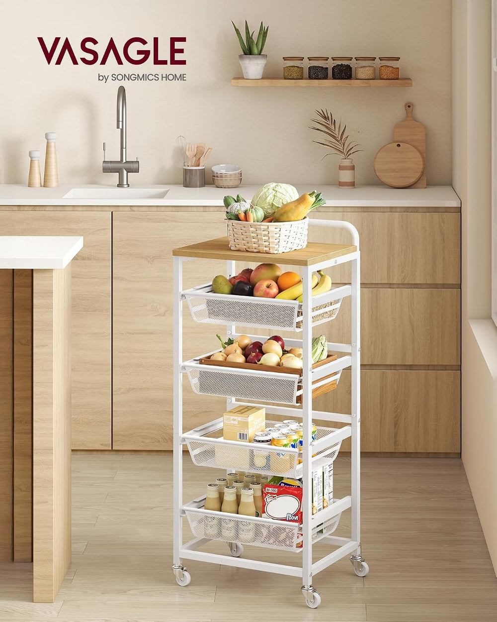 VASAGLE Storage Rolling Cart with Pull-Out Baskets, 5-Tier Utility Cart Orgni...
